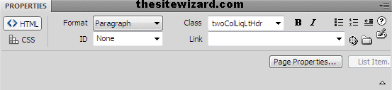 Properties pane for selected text with HTML button clicked