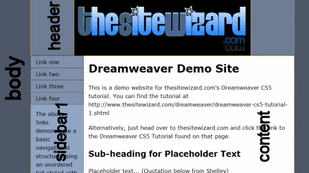 Layout of a demo web page created in Dreamweaver CS5 for easy reference