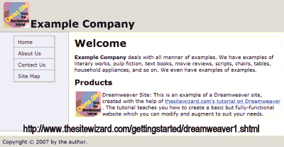 Home page of a demo site created in Dreamweaver
