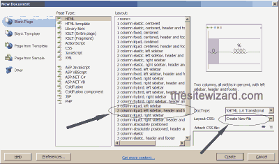 Picture of New Document window in Dreamweaver