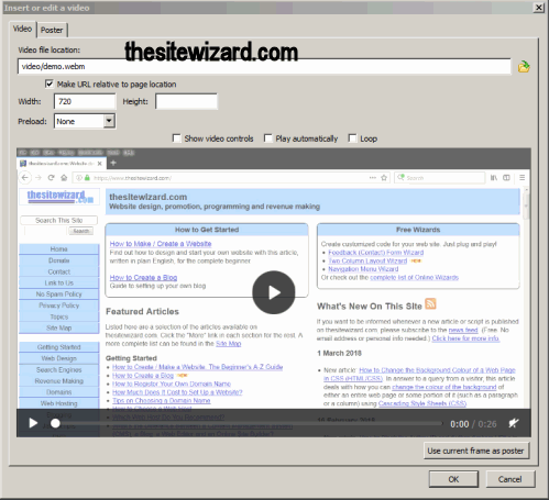 The insert video dialog box in BlueGriffon