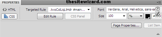 Properties pane for selected text with CSS button clicked