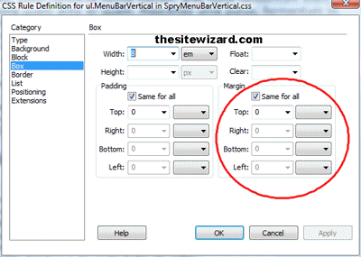 CSS Rules Definition dialog box for centering the Spry menu bar