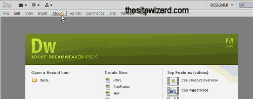 Adobe Dreamweaver CS5.5 when first started up