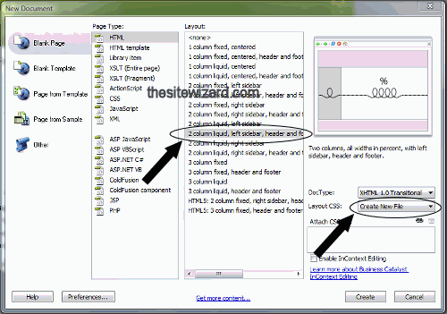 New Document dialog box in Dreamweaver CS5.5 showing where to click