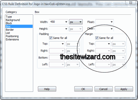 CSS Rule Definition box settings in Dreamweaver CS5: Margins column circled