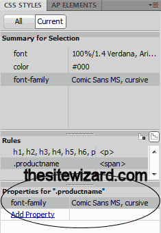 CSS STYLES in Dreamweaver CS5: properties for current class highlighted