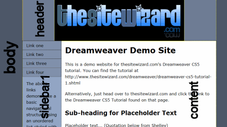 Class names and HTML tags of different sections of the 2 column layout in Dreamweaver CS6