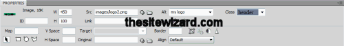 Properties pane in Dreamweaver CS5 with logo selected