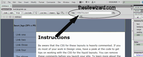 Dreamweaver CS5 window showing where the title tag field is