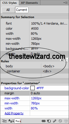 The CSS Styles panel in Dreamweaver CS6 with rules for body highlighted