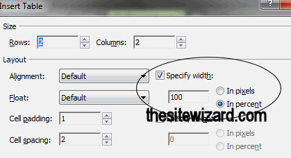 Part of the Insert Table dialog box showing the location of the width field