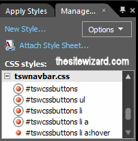 Manage Styles panel with the selectors for the navigation menu