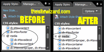 The Manage Styles panel before and after collapsing @media