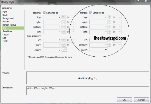 Modify Style dialog box with Box selected and the margin settings section circled