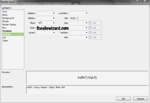 Modify Style dialog box with float set to left