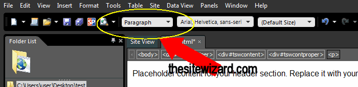 Toolbar with the paragraph and headings drop down box circled