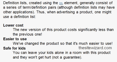 The use of definition lists and example of its use, according to the W3 Consortium