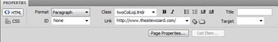 PROPERTIES panel in Dreamweaver when the cursor is in a text link