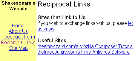 Picture of the sample Reciprocal Links page