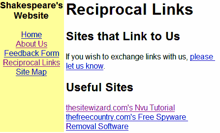 Picture of the sample Reciprocal Links page