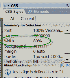 The CSS pane in Dreamweaver with the Width item circled