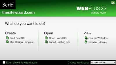 Serif WebPlus X2 Startup Wizard